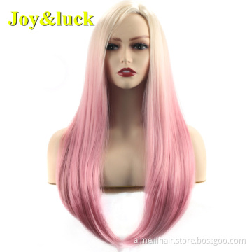 26inch Long Wholesale Price Women Wig Cosplay Or Party Use Natural Silky Straight  Blonde Ombre Pink Sexy Synthetic Ladies Hair